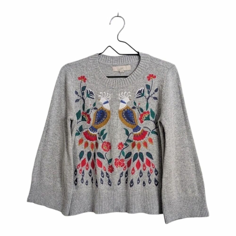 LOFT Gray Floral Peacock Embroidered Pullover Sweater Long Bell Sleeve Fall XS